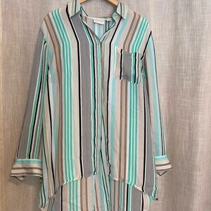 Chico's Green and White Asymmetrical Button Down Shirt